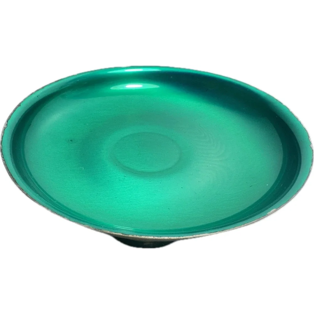 Vintage MCM Emerald Green Enamel Pedestal Bowl Silver Tone Metal Compote Dish